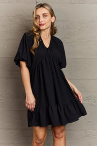 Comfort Cutie Double V-Neck Puff Sleeve Mini Dress