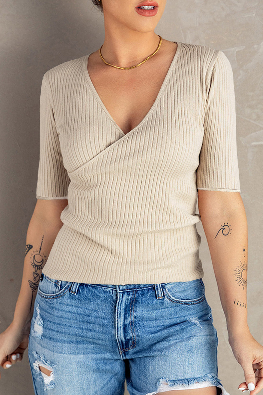 Ribbed Surplice Knit Top