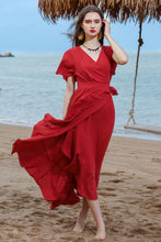 Load image into Gallery viewer, Ruffled Flutter Sleeve Tied Surplice Dress