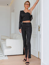 Load image into Gallery viewer, Pinstripe One-Shoulder Top and Slit Ankle Pants Set