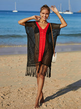 Load image into Gallery viewer, Contrast Fringe Trim Openwork Cover-Up Dress