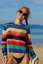 Load image into Gallery viewer, Rainbow Stripe Openwork Long Sleeve Cover-Up