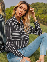 Load image into Gallery viewer, Collared Neck Striped Long Sleeve Shirt
