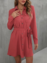 Load image into Gallery viewer, Button Down Belted Long Sleeve Shirt Dress