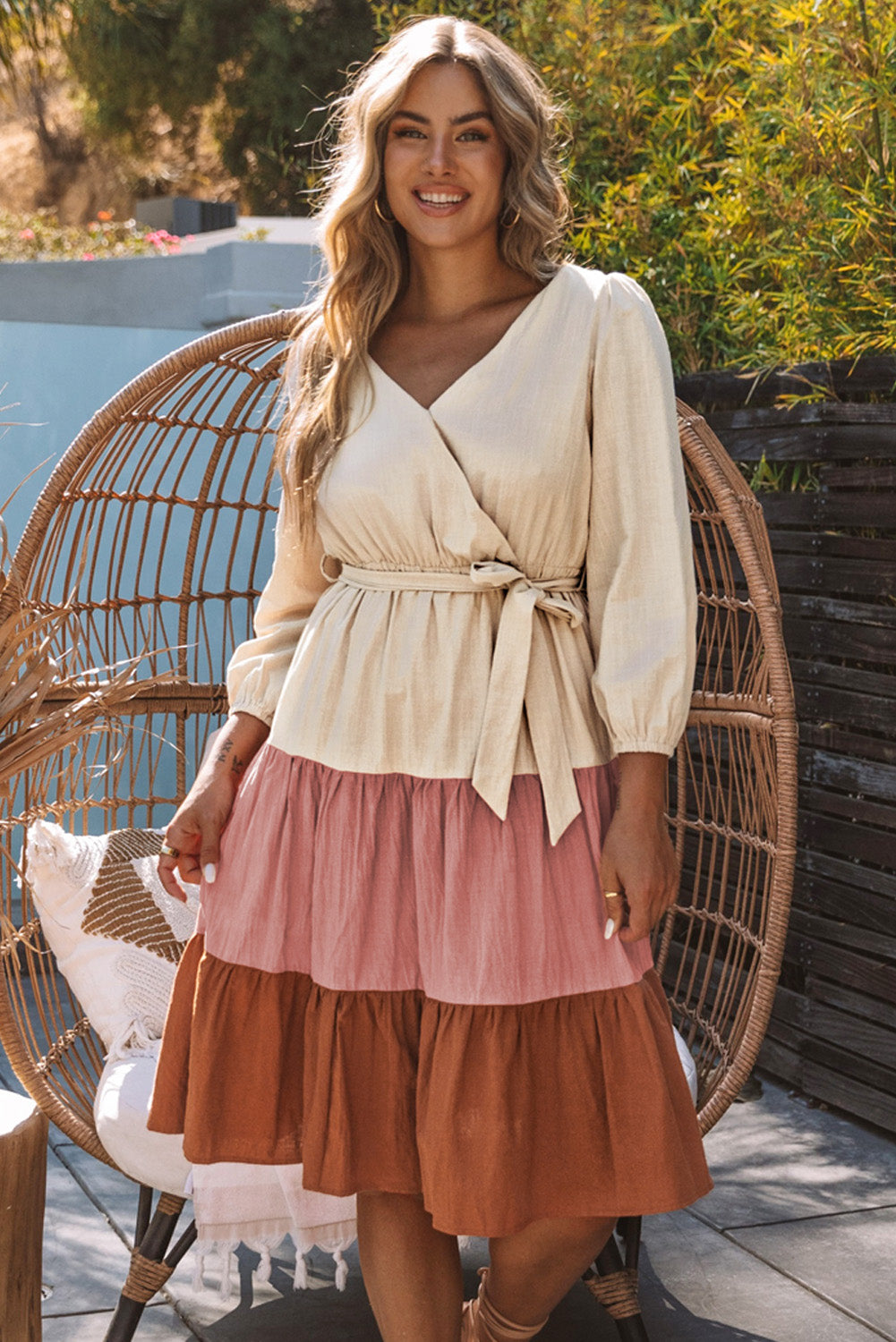 Color Block Belted Puff Sleeve Surplice Dress