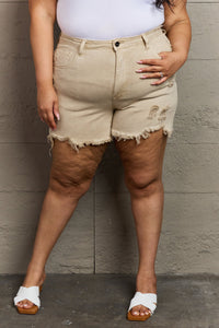 Katie Full Size High Waisted Distressed Shorts in Sand