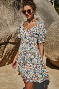Floral Frill Trim Tiered Puff Sleeve Dress