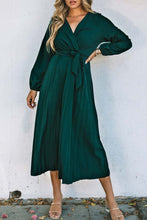 Load image into Gallery viewer, Belted Surplice Balloon Sleeve Pleated Dress
