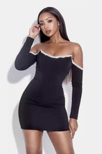 Load image into Gallery viewer, Off-Shoulder Long Sleeve Mini Dress with Rhinestone Detail