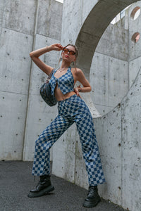 Checkered Lace Up Cropped Top and Pants Set