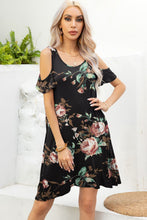 Load image into Gallery viewer, Floral Round Neck Cold-Shoulder Dress