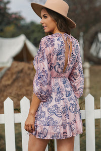 Printed Frill Trim Plunge Tied Open Back Dress