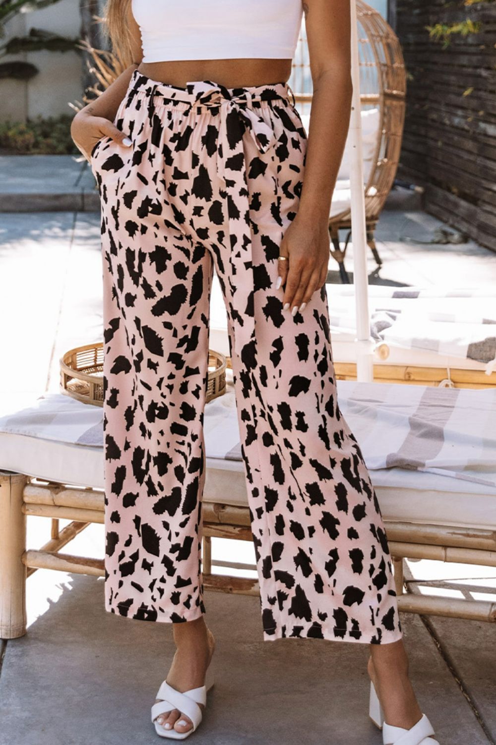 Printed Tie Belt Pants with Pockets