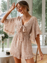 Load image into Gallery viewer, Ditsy Floral Bell Sleeve Tie-Front Romper