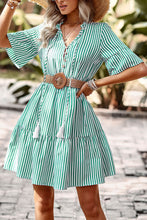 Load image into Gallery viewer, Striped Tie Neck Flare Sleeve Dress