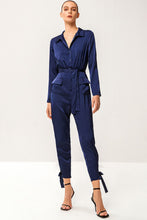 Load image into Gallery viewer, Tie-Waist Button Front Collared Satin Jumpsuit