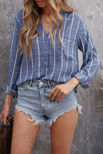 Load image into Gallery viewer, Striped V-Neck High-Low Shirt with Breast Pocket