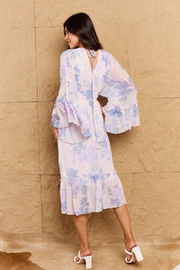 Take Me With You Floral Bell Sleeve Midi Dress in Blue