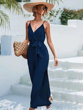Load image into Gallery viewer, Tie Belt Spaghetti Strap Slit Jumpsuit