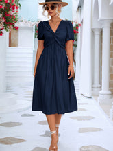 Load image into Gallery viewer, Twisted Short Puff Sleeve V-Neck Dress