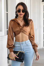 Load image into Gallery viewer, Satin Twist Front Lantern Sleeve Cropped Top