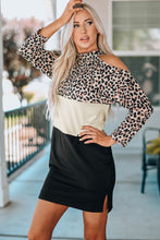 Load image into Gallery viewer, Leopard Color Block Cold-Shoulder Side Slit Dress