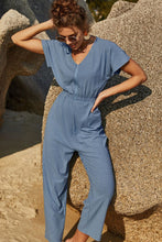 Load image into Gallery viewer, Elastic Waist Zip Up V-Neck Jumpsuit