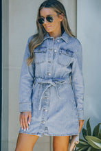 Load image into Gallery viewer, Button Down Collared Neck Belted Denim Dress