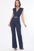 Load image into Gallery viewer, Denim Gold Waist Buckle Jumpsuit