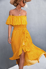 Load image into Gallery viewer, Polka Dot Layered Off-Shoulder Belted Dress