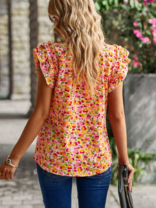 Printed Flutter Sleeve Notched Top