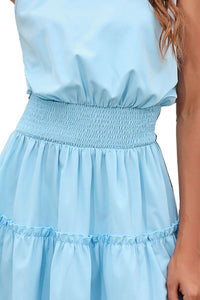 Frill Trim Smocked Waist Grecian Neck Sleeveless Dress