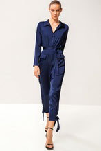 Load image into Gallery viewer, Tie-Waist Button Front Collared Satin Jumpsuit