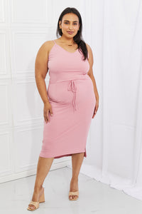 Flatter Me Full Size Ribbed Front Tie Midi Dress in Blush Pink