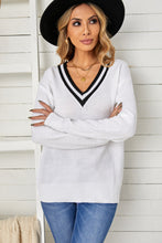 Load image into Gallery viewer, Contrast Detail V-Neck Dropped Shoulder Knit Pullover