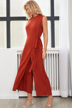 Load image into Gallery viewer, Belted Mock Neck Sleeveless Jumpsuit