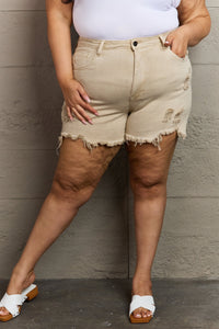 Katie Full Size High Waisted Distressed Shorts in Sand
