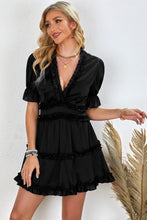 Load image into Gallery viewer, Frill Trim Short Puff Sleeve Plunge Dress