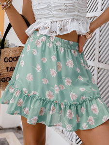 Floral Elastic Waist Frill Trim Mini Skirt