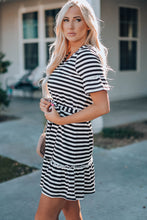 Load image into Gallery viewer, Striped Tie-Waist Frill Trim V-Neck Dress