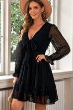 Load image into Gallery viewer, Swiss Dot Tie Front Frill Trim Plunge Dress