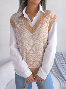 Geometric V-Neck Capped Sleeve Sweater Vest