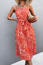Load image into Gallery viewer, Printed Spaghetti Strap Decorative Button Belted Dress