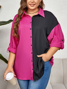 Plus Size Contrast Color Roll-Tap Sleeve Shirt
