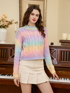 Rainbow Color Cable-Knit Dropped Shoulder Knit Top