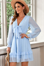 Load image into Gallery viewer, Swiss Dot Tie Front Frill Trim Plunge Dress