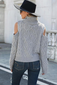 Cold Shoulder Textured Turtleneck Sweater