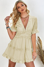 Load image into Gallery viewer, Frill Trim Short Puff Sleeve Plunge Dress
