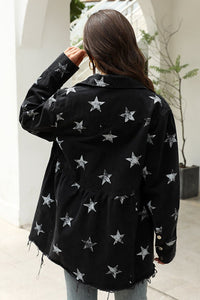 Collared Neck Star Print Long Sleeve Denim Jacket