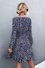 Load image into Gallery viewer, Printed V-Neck Tie Belt Ruffle Hem Mini Dress